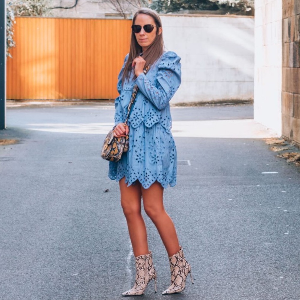 Zara | Dresses | Zara Dress W Cutwork Embroidery Long Sleeve Blue